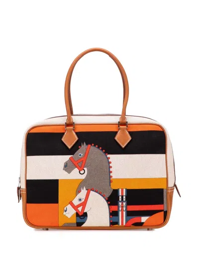 Pre-owned Hermes 2014 Barenia And Toile Rocobar Plume 32 Handbag In Brown
