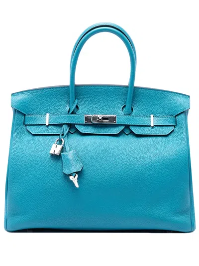 Pre-owned Hermes 2014 Clemence Birkin Retourne 35 Handbag In Blue