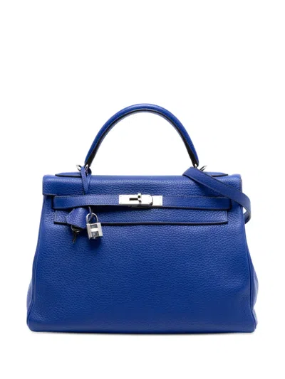 Pre-owned Hermes 2014 Clemence Kelly Ii Retourne 32 Satchel In Blue