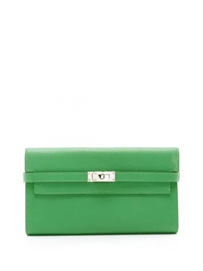 Pre-owned Hermes 2014 Epsom Kelly To Go Wallet Crossbody Bag In Green