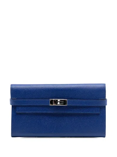Pre-owned Hermes 2014 Epsom Kelly Trifold Wallet Long Wallets In Blue