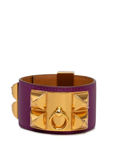 Pre-owned Hermes 2014 Gold Plated And Swift Collier De Chien Bracelet T4 Costume Bracelet In Purple