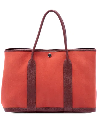 Pre-owned Hermes 2014 Toile And Negonda Garden Party 30 Satchel In Red
