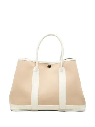 Pre-owned Hermes 2014 Toile And Negonda Garden Party 30 Satchel In White