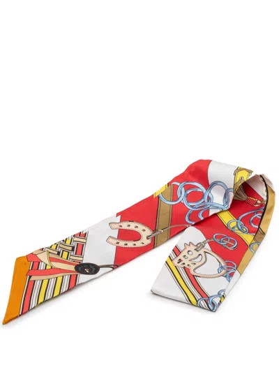Pre-owned Hermes 2014-2026 Brides Et Gris-gris Silk Twilly Scarf Scarves In Red