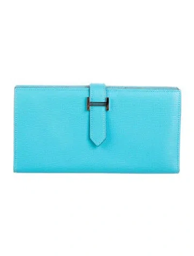 Pre-owned Hermes 2015 Bearn Soufflet Wallet In Blue