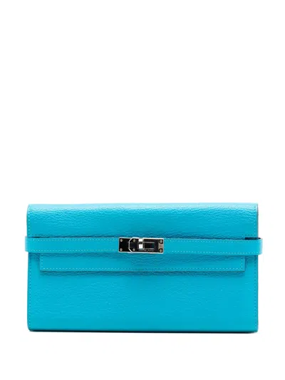 Pre-owned Hermes 2015 Chevre Mysore Kelly Longue Wallet Long Wallets In Blue