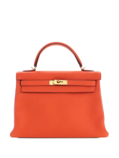Pre-owned Hermes 2015 Clemence Kelly Ii Retourne 32 Satchel In Orange