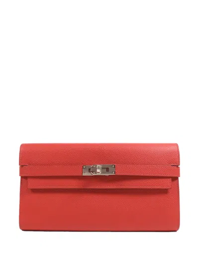 Pre-owned Hermes 2015 Kelly Long Leather Wallet In Red