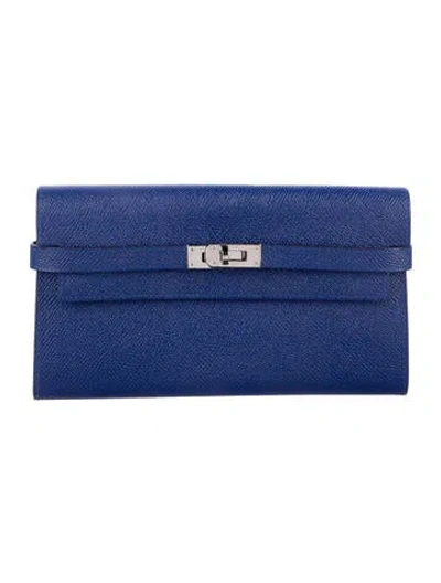 Pre-owned Hermes 2015 Kelly Longue Wallet In Blue