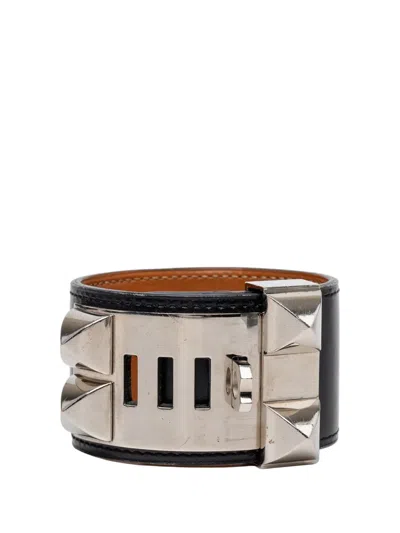 Pre-owned Hermes 2015 Swift And Palladium Plated Collier De Chien Bracelet S Costume Bracelet In Black