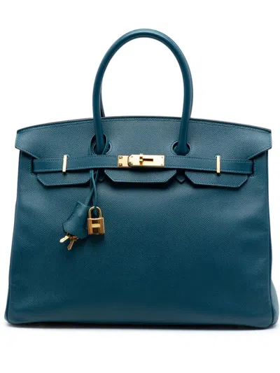 Pre-owned Hermes 2015 Togo Birkin Retourne 35 Handbag In Blue