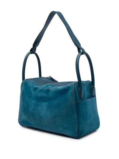 Pre-owned Hermes 2015 Veau Grizzly And Swift Lindy 30 Satchel In Blue