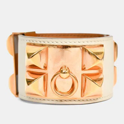 Pre-owned Hermes 2015 White Leather Gold Tone 'collier De Chien' Bracelet