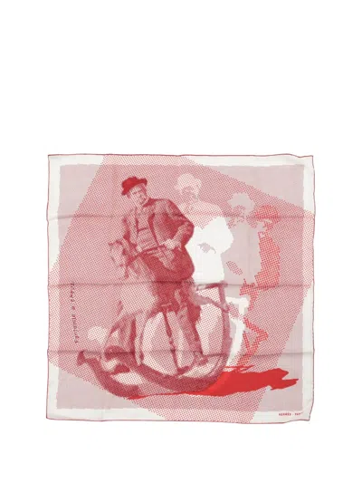 Pre-owned Hermes 2015-2025 Fantaisie A Cheval Silk Scarf 70 Scarves In Red