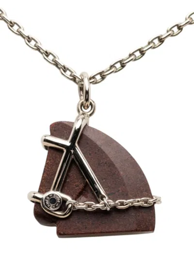 Pre-owned Hermes 2015-2026 Palladium Plated Vulcanium Cheval Pendant Necklace Costume Necklace In Brown