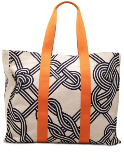 Pre-owned Hermes 2015-2026 Toile Noeuds Marins Beach Tote Bag In Orange