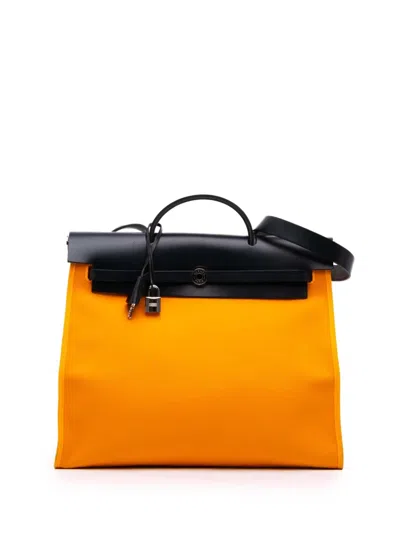 Pre-owned Hermes 2016 Bicolor Toile Herbag Zip Verso 39 Satchel In Blue