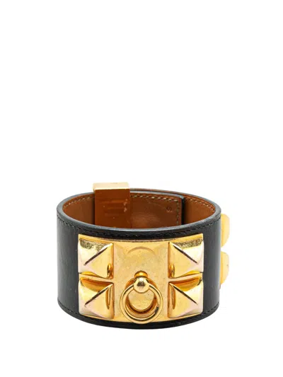 Pre-owned Hermes 2016 Box Calf And Gold Plated Collier De Chien Bracelet S Costume Bracelet
