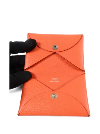 Pre-owned Hermes 2016 Calvi Dup Epsom-leather Card Case In Red