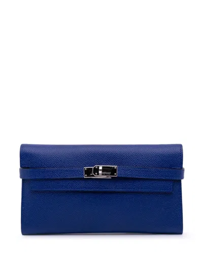 Pre-owned Hermes 2016 Chevre Mysore Kelly Wallet Long Wallets In Blue