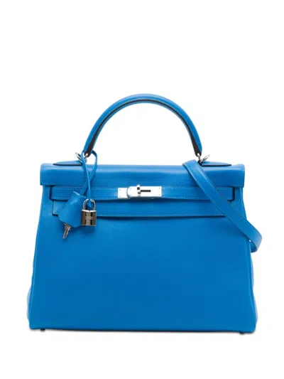 Pre-owned Hermes 2016 Clemence Kelly Ii Retourne 32 Satchel In Blue