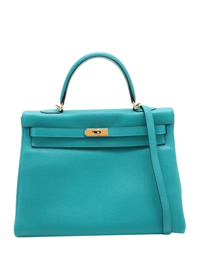 Pre-owned Hermes 2016 Clemence Kelly Ii Retourne 35 Satchel In Blue