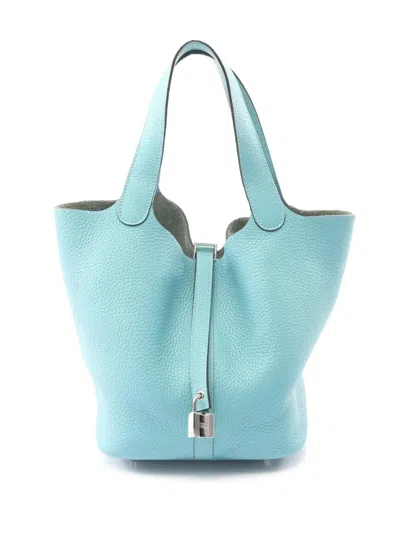 Pre-owned Hermes 2016 Clemence Picotin Lock 22 Handbag In Blue