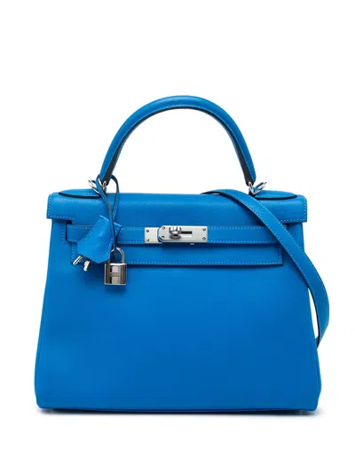 Pre-owned Hermes 2016 Evercolor Kelly Ii Retourne 28 Satchel In Blue