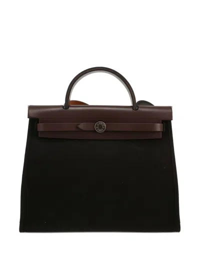 Pre-owned Hermes 2016 Herbag Leather-trimmed Canvas Bag In Black