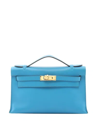 Pre-owned Hermes 2016  Pochette Kelly Mini Vaux Swift Leather Leather Vaux Swift Leather Blue Blue Frida Used W