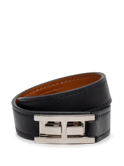 Pre-owned Hermes 2016 Leather Drag Double Tour Wrap Bracelet T1 Costume Bracelet In Black