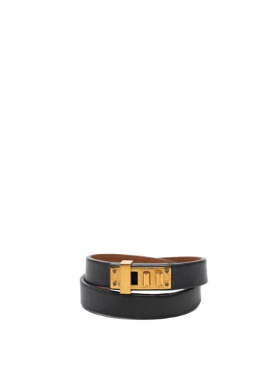 Pre-owned Hermes 2016 Swift Mini Dog Double Tour Bracelet Costume Bracelet In Black