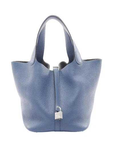 Pre-owned Hermes 2016 Taurillon Clemence Picotin Lock Mm Handbag In Blue