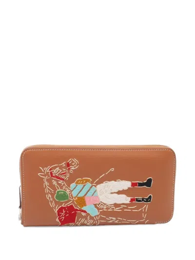 Pre-owned Hermes 2017 Azap Long Embroidered Wallet In Brown