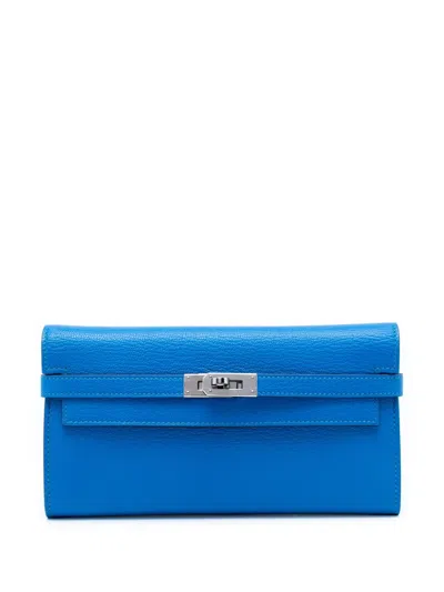 Pre-owned Hermes 2017 Chevre Mysore Kelly Longue Wallet Long Wallets In Blue