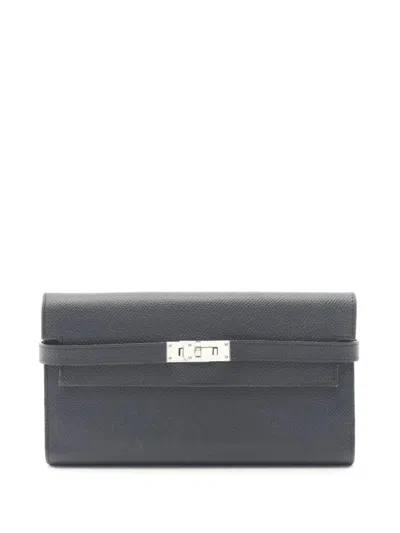 Pre-owned Hermes 2017 Kelly Bi-fold Leather Wallet In Blue