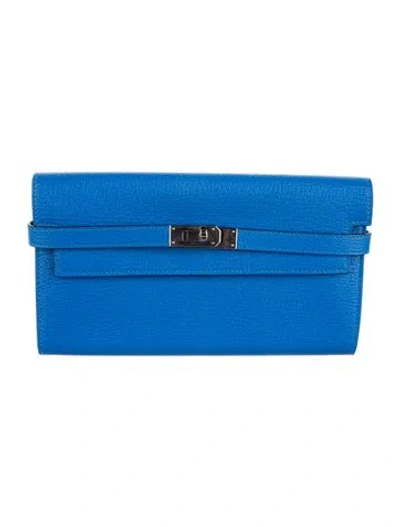 Pre-owned Hermes 2017 Kelly Longue Wallet In Blue