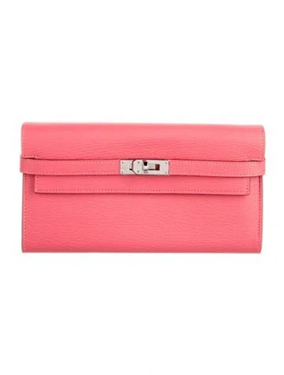 Pre-owned Hermes 2017 Kelly Longue Wallet In Pink