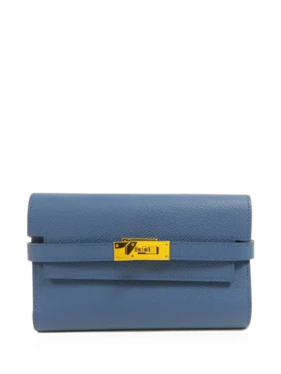 Pre-owned Hermes 2017 Medium Kelly Depliant Leather Wallet In Blue