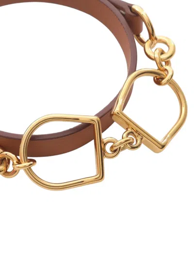 Pre-owned Hermes 2017 Swift Gold Plated Etrier Double Tour Bracelet Costume Bracelet In Brown