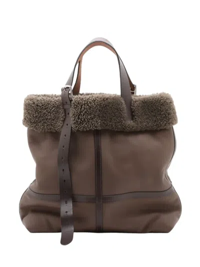 Pre-owned Hermes 2018 Clemence Shearling Etriviere Aviator Tote Bag In Brown