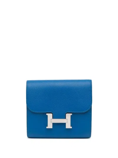 Pre-owned Hermes 2018 Evercolor Constance Slim Compact Wallet Small Wallets In Blue