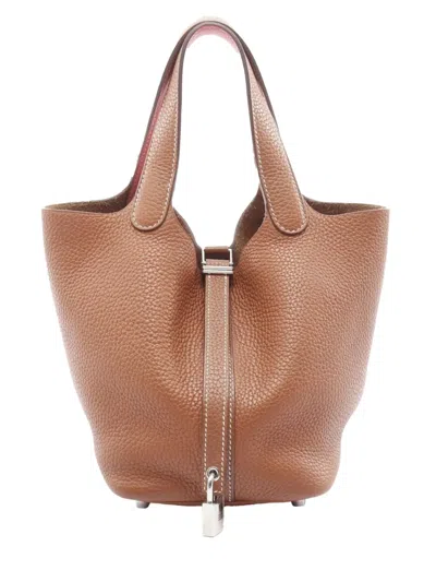 Pre-owned Hermes 2018 Taurillon Clemence Picotin Lock Pm Handbag In Brown