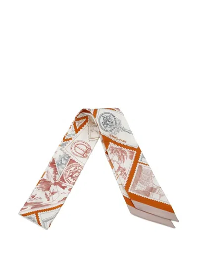 Pre-owned Hermes 2019-2025 Le Philateliste Du Faubourg Silk Twilly Scarf Scarves In Orange