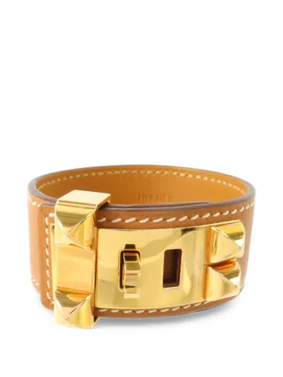 Pre-owned Hermes 2019 Collier De Chien Leather Bracelet In Gold