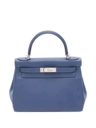 Pre-owned Hermes 2019 Kelly28 Verso Bruton Pet Capucines Tote Bag In Blue