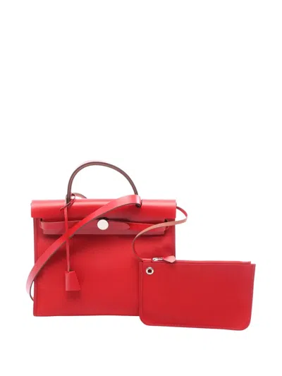 Pre-owned Hermes 2019 Toile Militaire Canvas And Vache Leather Herbag Zip Pm Handbag In Red