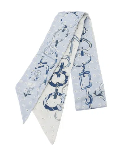 Pre-owned Hermes 2020-2025 Do Re Boucles Broderie Anglaise Embroidered Silk Twilly Scarf Scarves In Blue