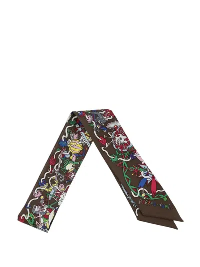 Pre-owned Hermes 2020-2025 La Folle Parade Silk Twilly Scarf Scarves In Brown